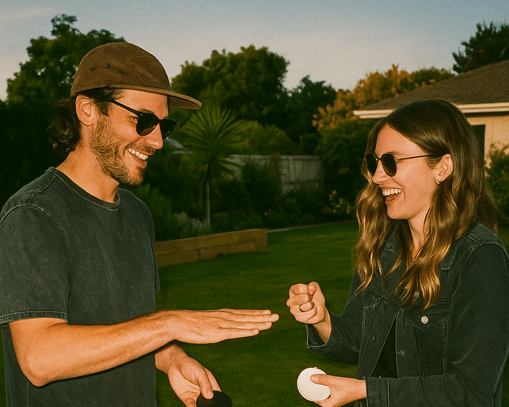 Couple playing paper scissors rock for turn at Giant Connect Four