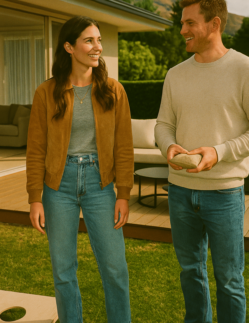 Couple holding backyard games Cornhole bags in backyard