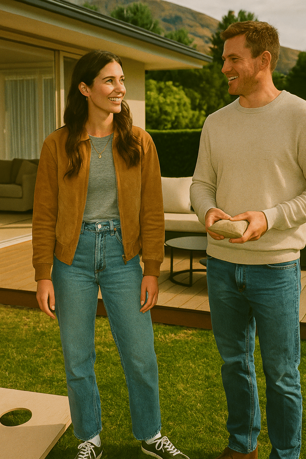 Couple holding backyard games Cornhole bags in backyard