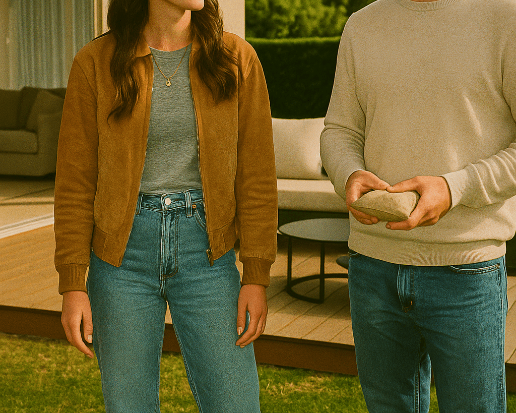 Couple holding backyard games Cornhole bags in backyard
