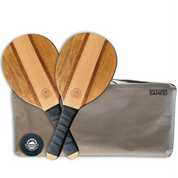 Two wooden paddle balls with black handles on a gray carrying case, branded 'Backyard Games'.