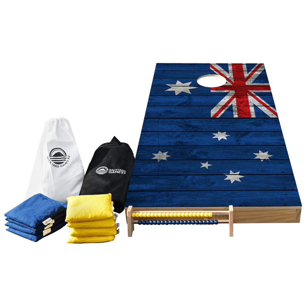 A cornhole board set with an Australian flag wood-grain design, shown with a wooden bean bag rack and folded bean bags in blue, yellow, and black on a white background.