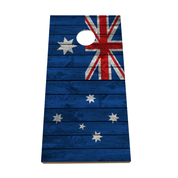 A cornhole board featuring a distressed blue Australian flag design with white stars and a red, white, and blue Union Jack in the upper right, shown on a plain white background.