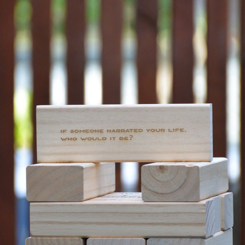 Backyard Chats Good Chats Tumbling Tower — 54 conversation questions engraved on solid pine blocks