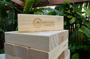 Backyard Chats Your Chats Tumbling Tower — custom engraved questions on solid pine blocks