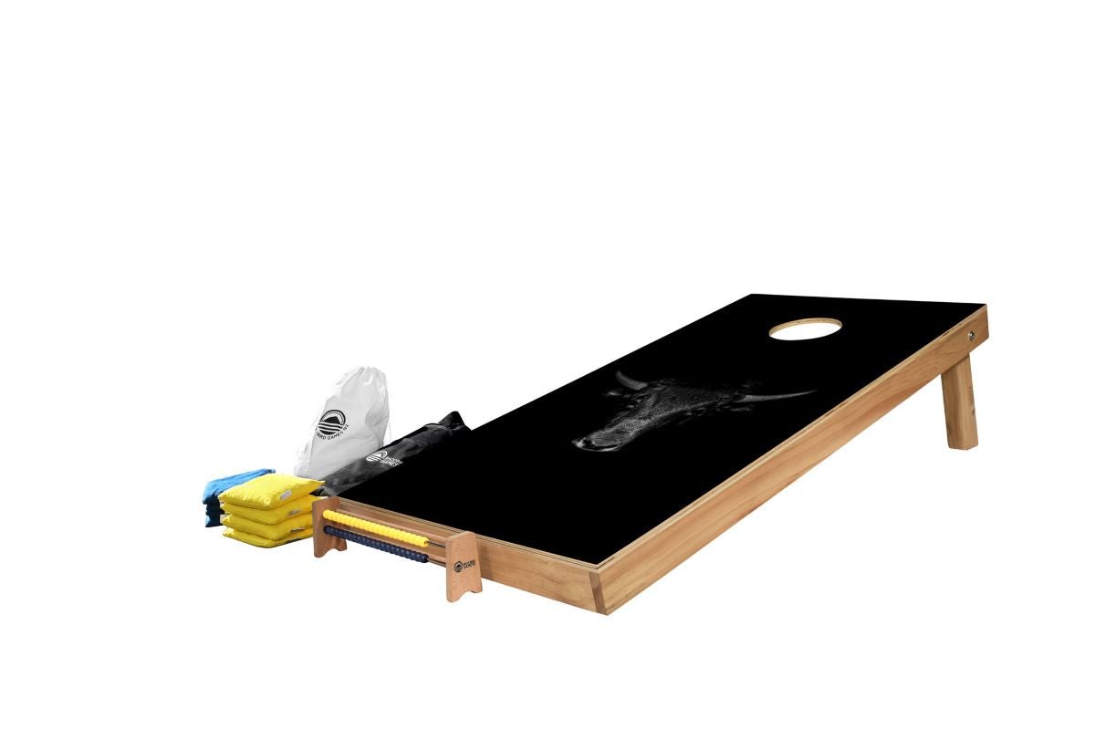 Bull Design Cornhole Set — bold bull vinyl decal on NZ pine and birch plywood