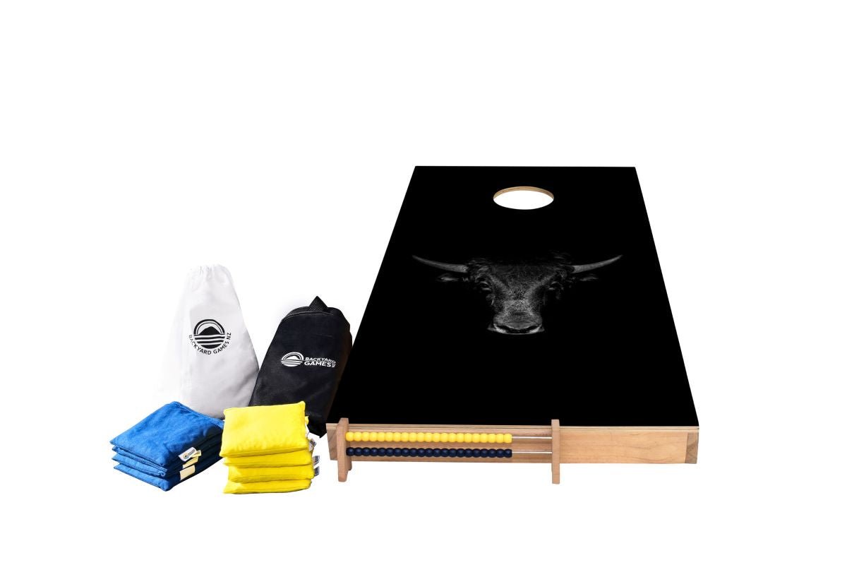 Bull Design Cornhole Set — bold bull vinyl decal on NZ pine and birch plywood