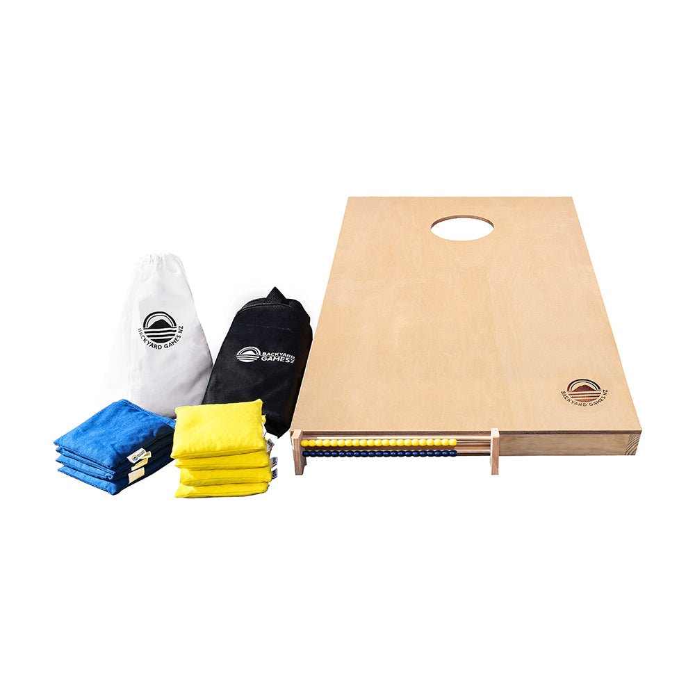 Compact Natural cornhole set NZ with 8 bags, abacus, tote bags and black carry case