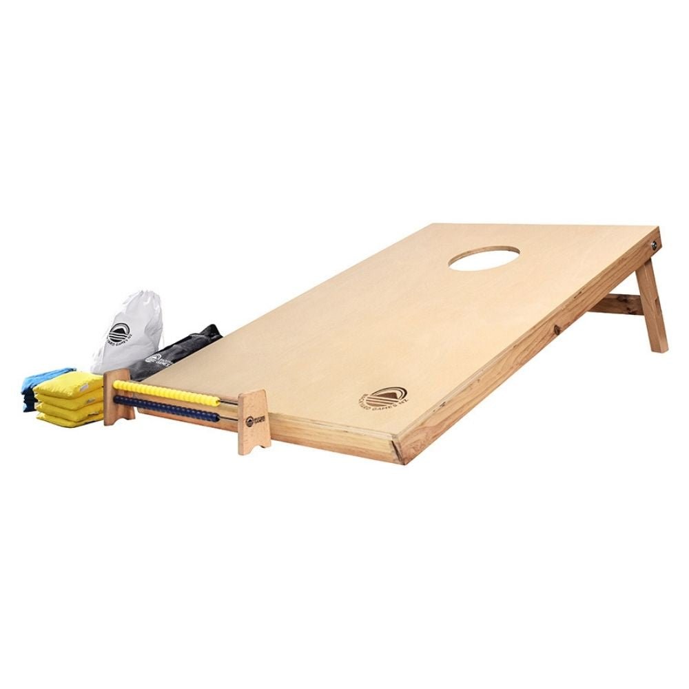 Angled Compact Natural cornhole set NZ — portable NZ pine and birch plywood board with bags and carry case