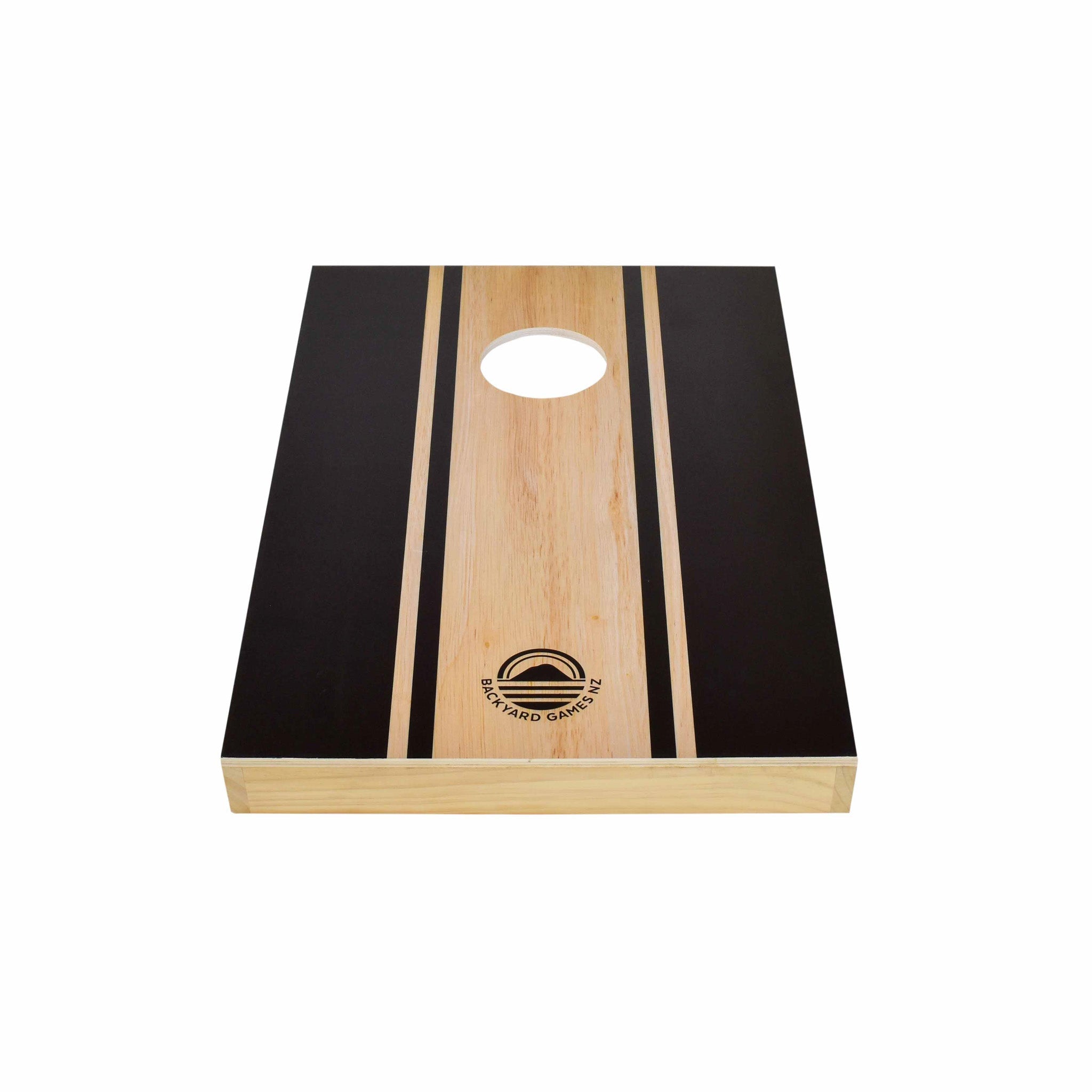 Close-up of runway stripe design on NZ pine and birch plywood cornhole board — Backyard Games NZ