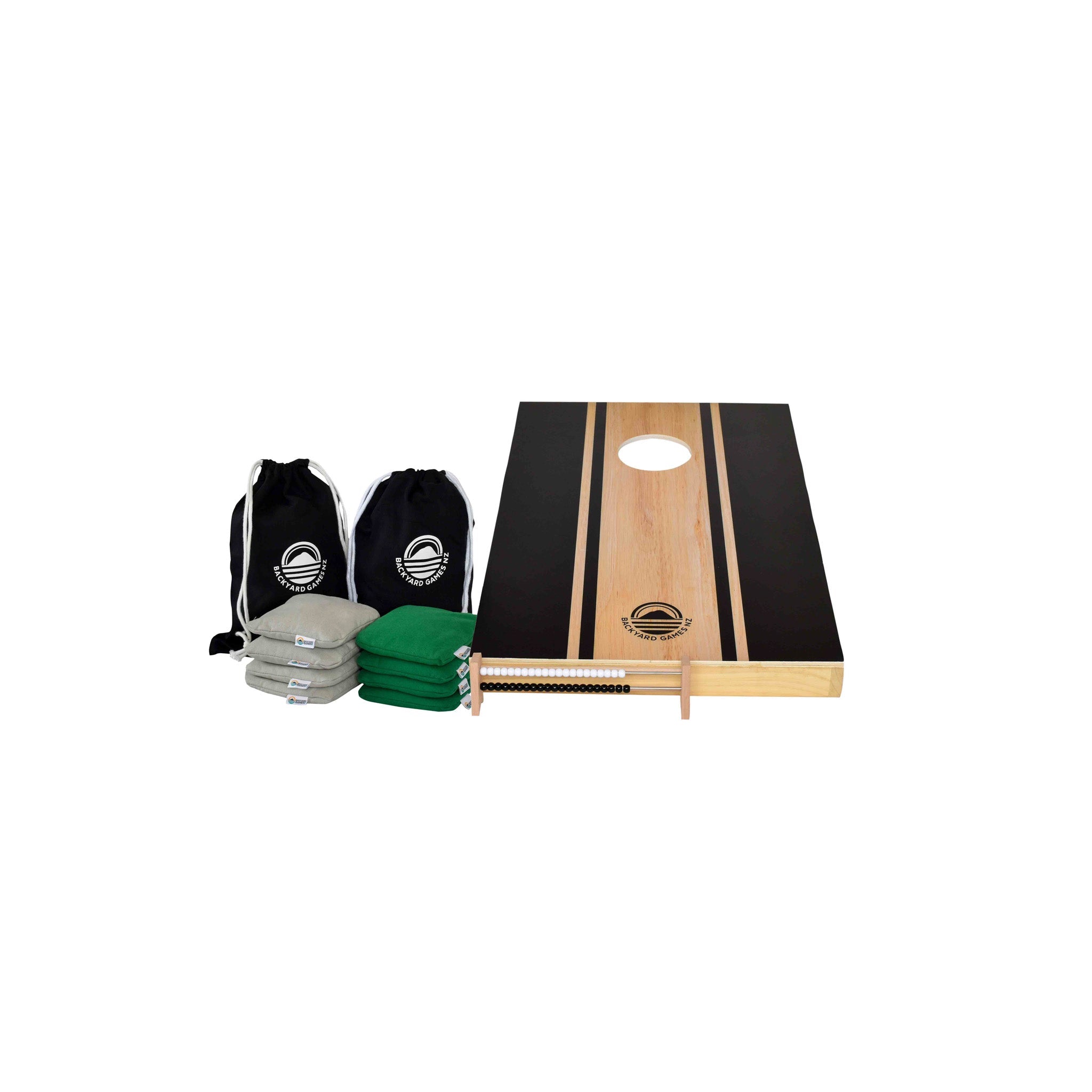 Compact Runway Design cornhole set NZ — centre-stripe graphic on natural wood board with bags, abacus and carry case