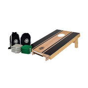 Angle of Compact Runway Design cornhole set NZ — centre-stripe graphic on natural wood board with bags, abacus and carry case
