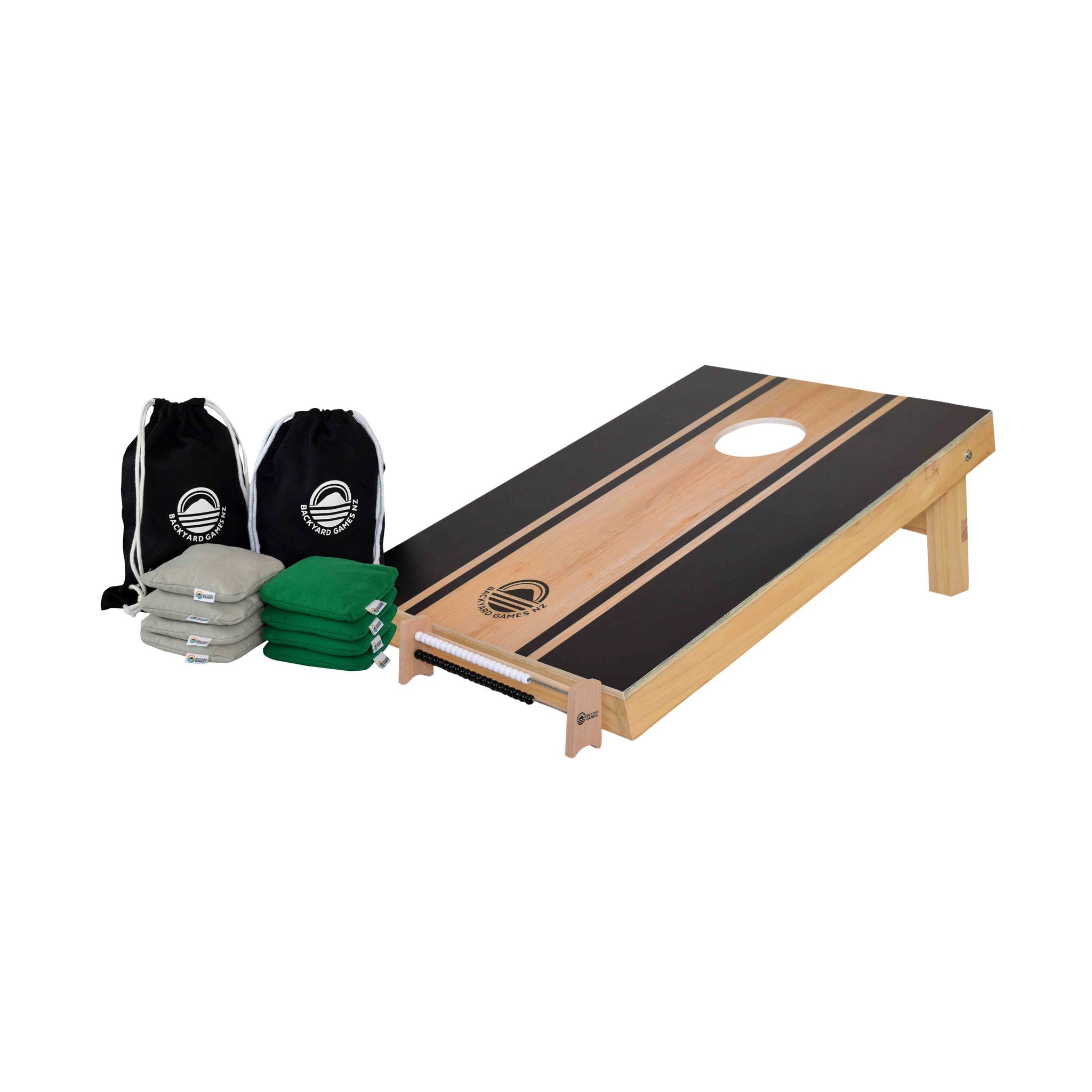 Angle of Compact Runway Design cornhole set NZ — centre-stripe graphic on natural wood board with bags, abacus and carry case
