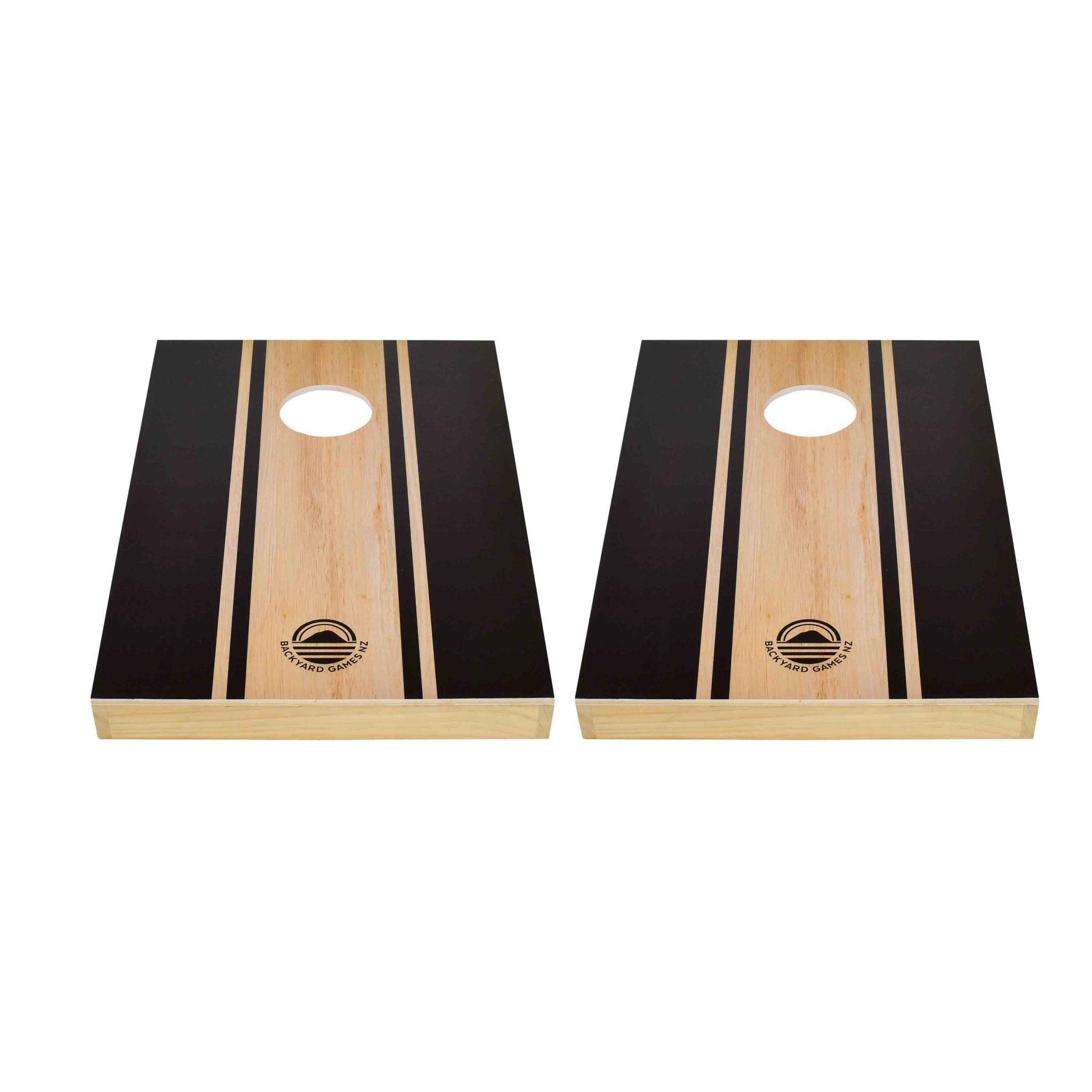 Two board Close-up of runway stripe design on NZ pine and birch plywood cornhole board — Backyard Games NZ
