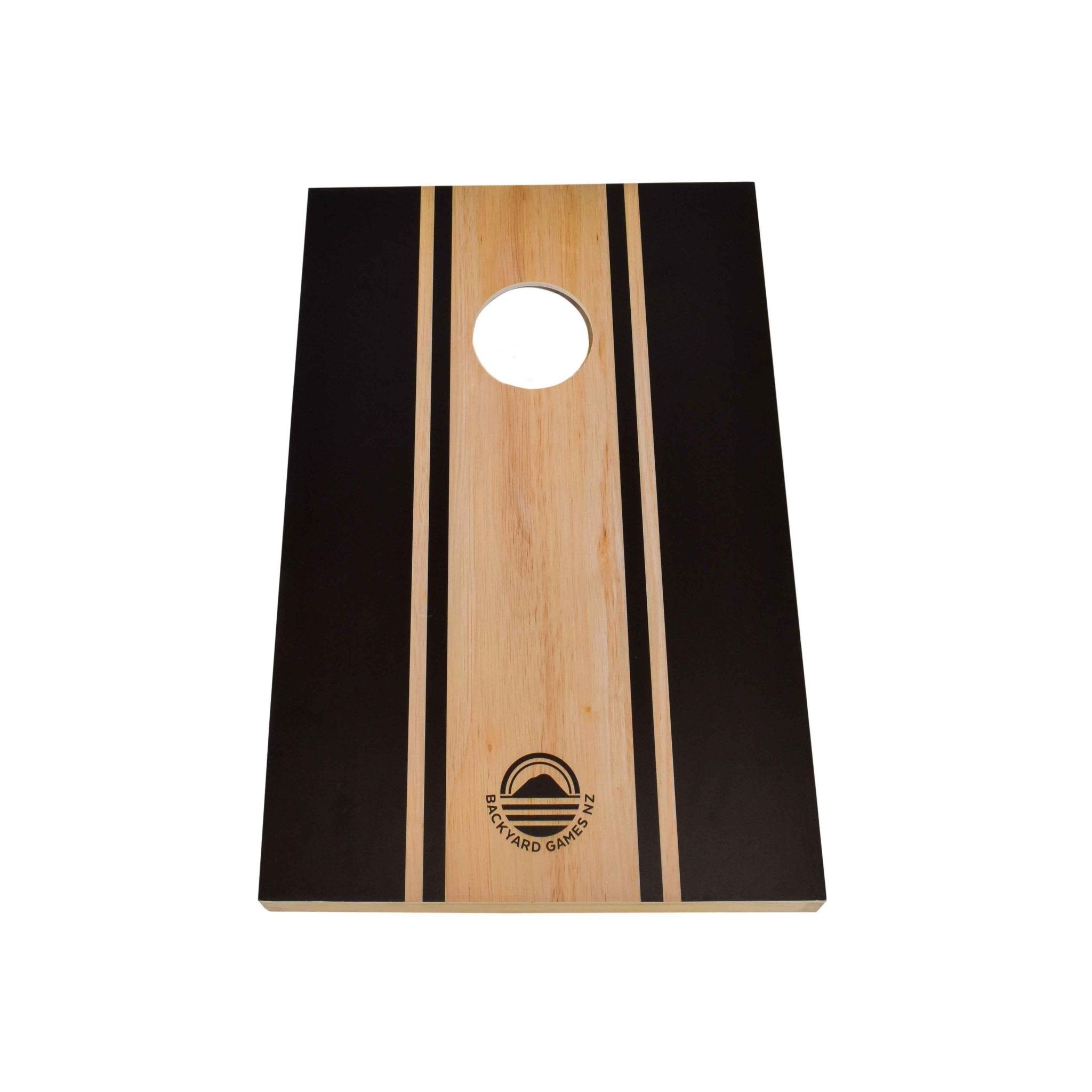 Close-up of runway stripe design on NZ pine and birch plywood cornhole board — Backyard Games NZ