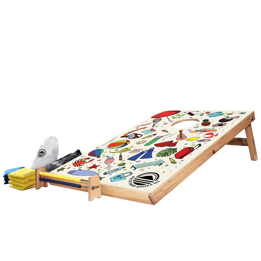 Close-up of Summer Design cornhole board decal with colourful summer illustrations