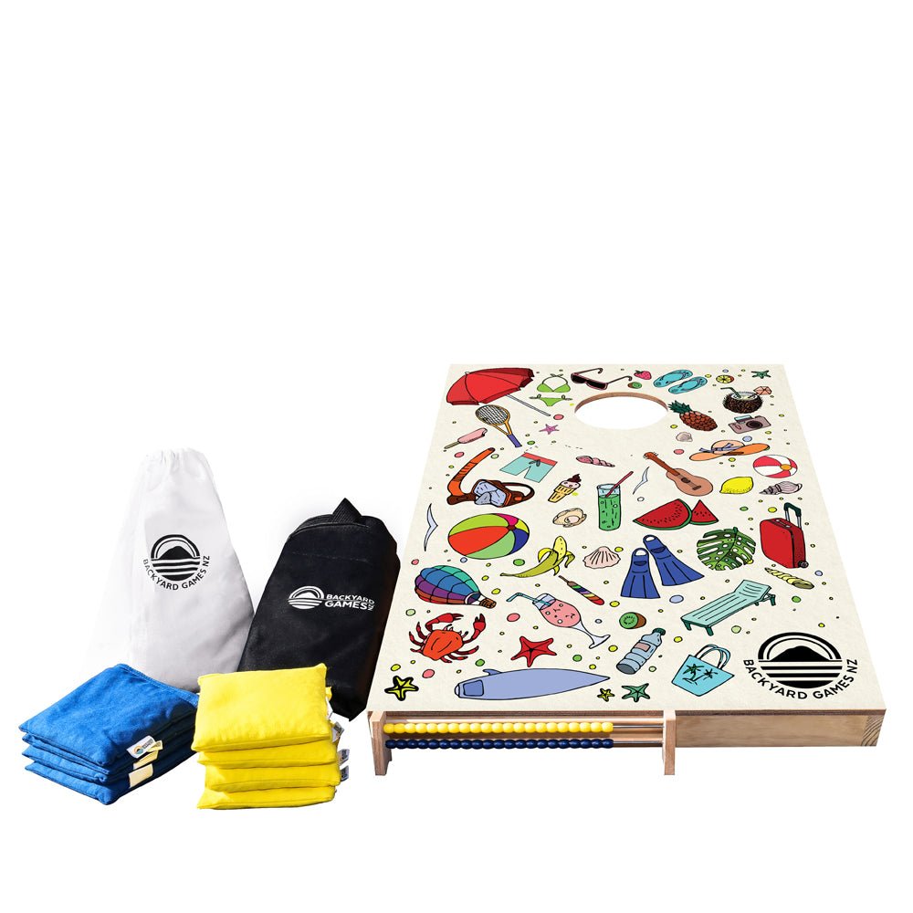 Summer cornhole set NZ with 8 bags, abacus and black carry case — Backyard Games NZ