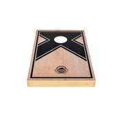 Close-up of black X graphic design on NZ pine and birch plywood cornhole board