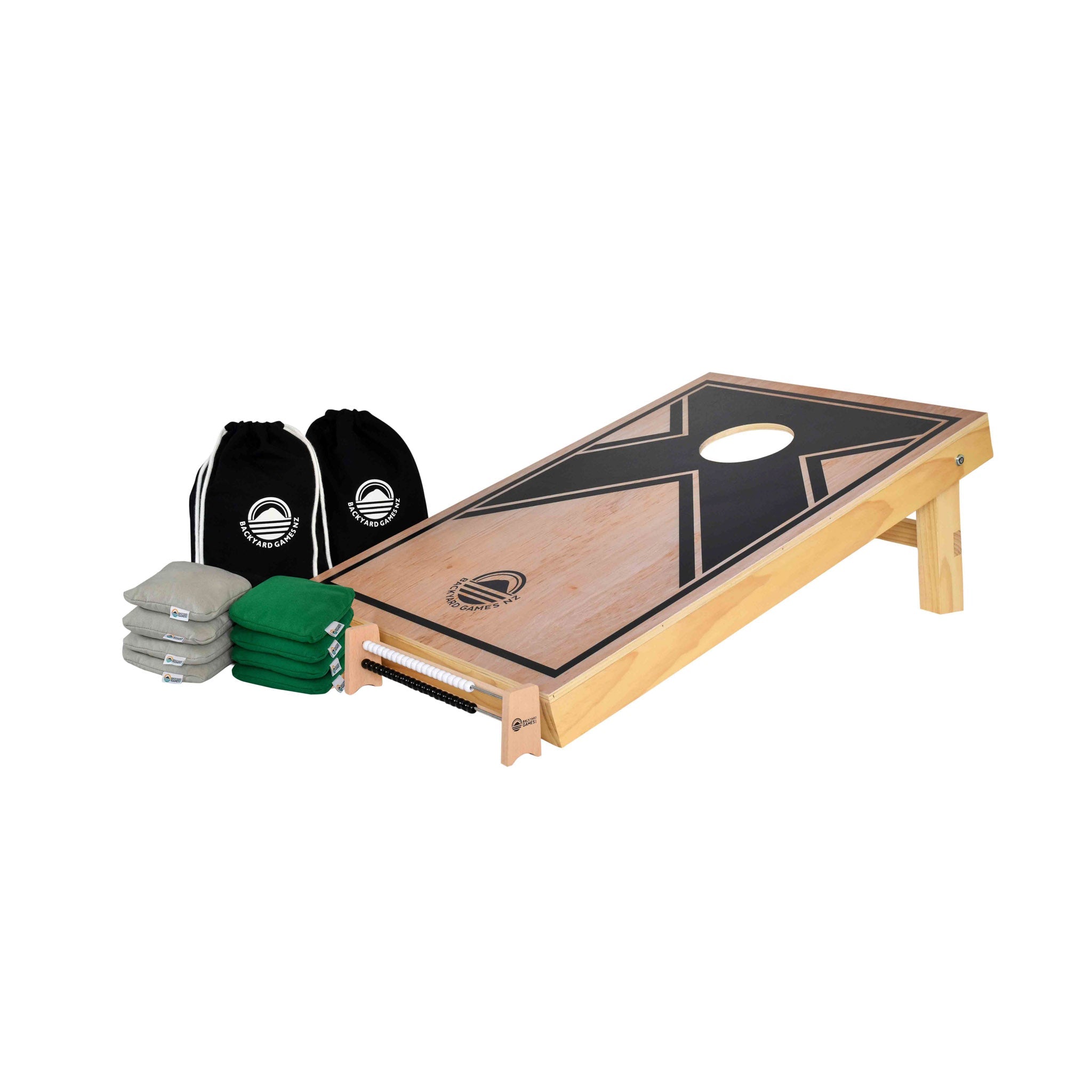 Angled Compact X Design cornhole set NZ — black graphic print on natural wood board with bags and carry case