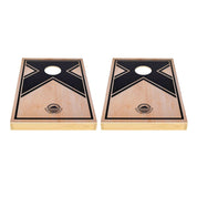 Two board Close-up of black X graphic design on NZ pine and birch plywood cornhole board