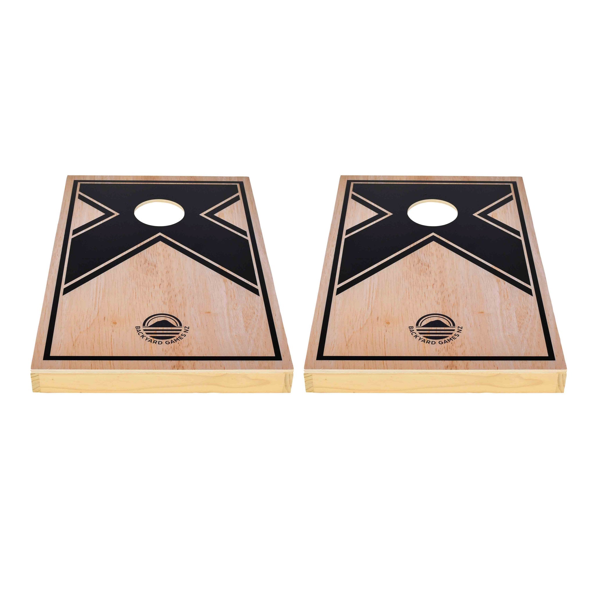 Two board Close-up of black X graphic design on NZ pine and birch plywood cornhole board