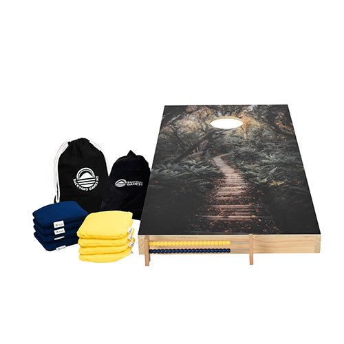 Forest Design Cornhole Set — native bush treeline vinyl decal on NZ pine and birch plywood