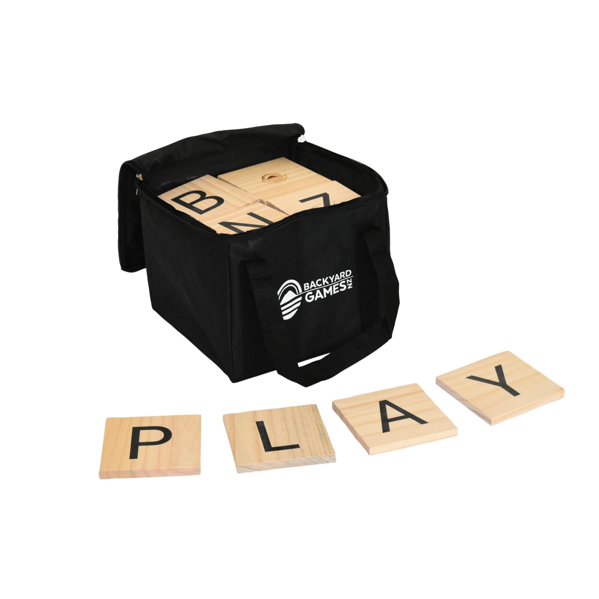 Giant Letter Tiles NZ — natural pine with screen printed black letters
