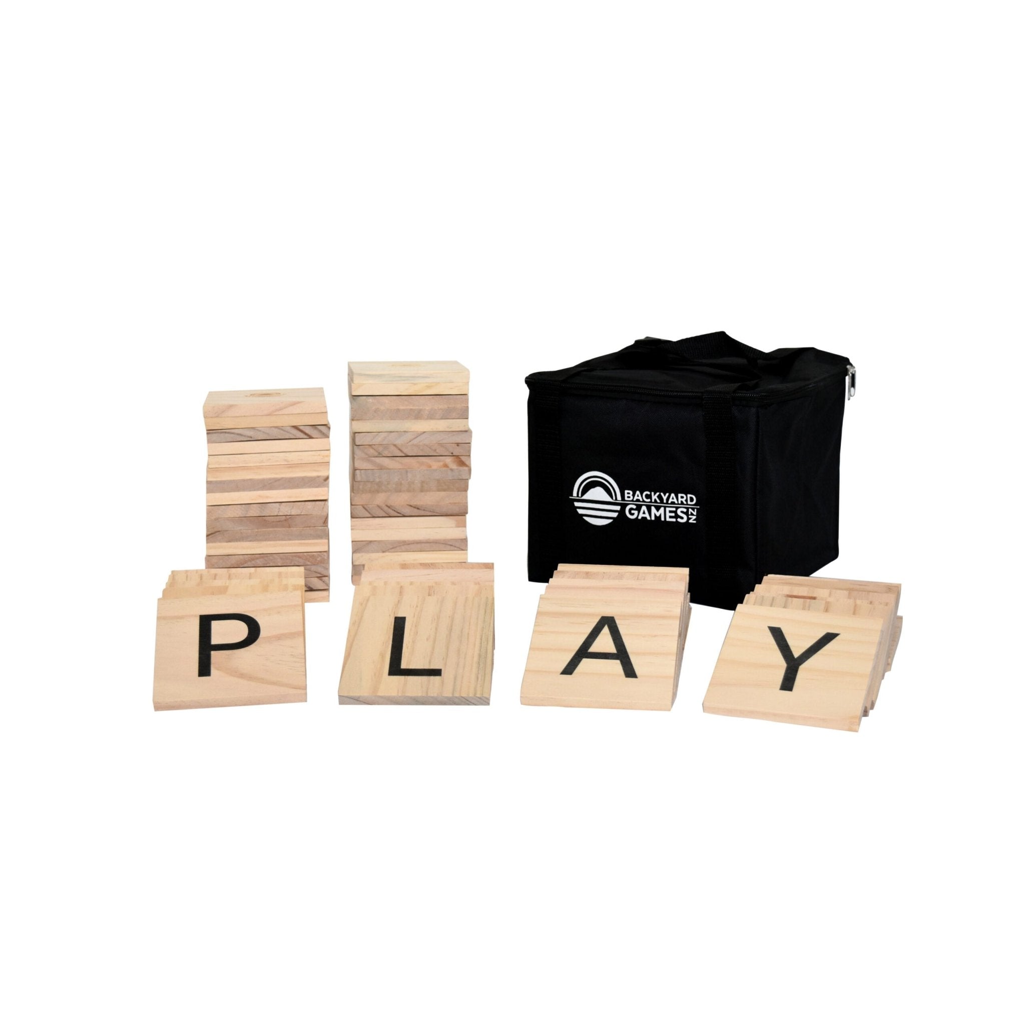 Giant Letter Tiles NZ — natural pine with screen printed black letters