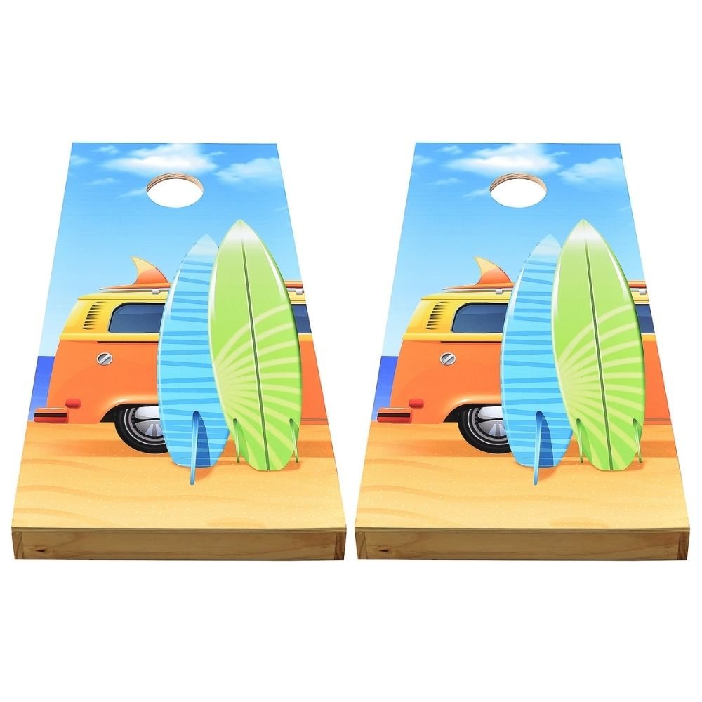 Two board Close-up of Kombi Van and surfboard decal on NZ pine cornhole board — Backyard Games NZ
