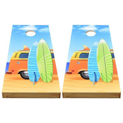 Two board Close-up of Kombi Van and surfboard decal on NZ pine cornhole board — Backyard Games NZ