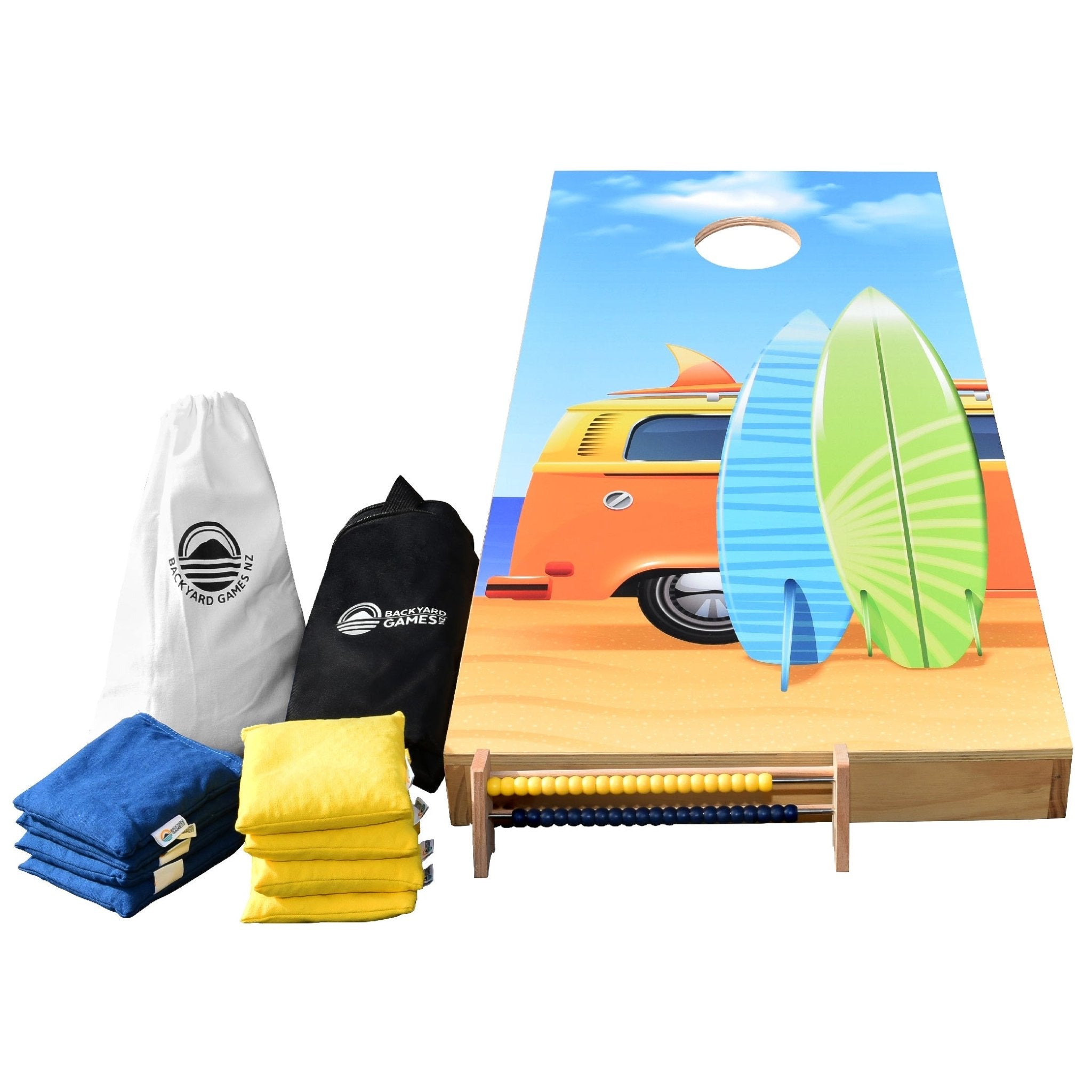 Kombi Van Design cornhole set NZ — decal board with surfboard illustration and throwing bags