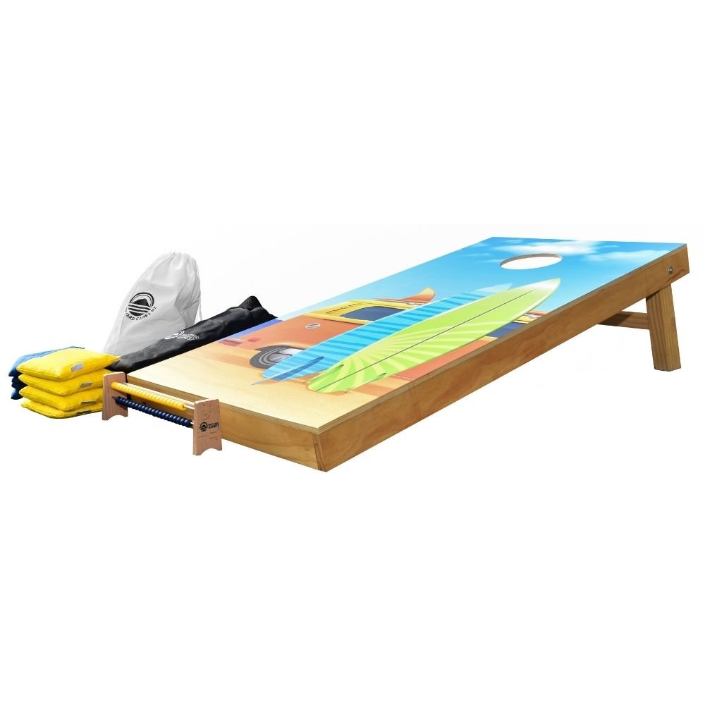 Side Angle Kombi Van Design cornhole set NZ — decal board with surfboard illustration and throwing bags