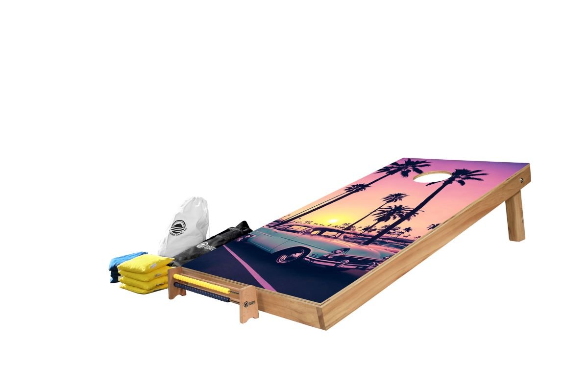 Miami Design Cornhole Set — retro pastel palms vinyl decal on NZ pine and birch plywood