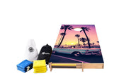Miami Design Cornhole Set — retro pastel palms vinyl decal on NZ pine and birch plywood