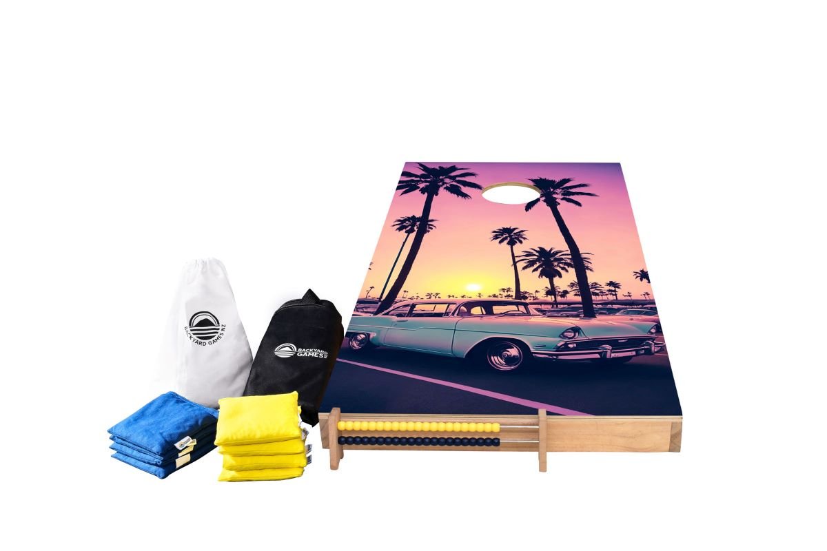 Miami Design Cornhole Set — retro pastel palms vinyl decal on NZ pine and birch plywood