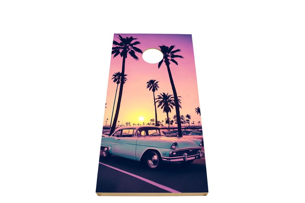 Miami Design Cornhole Board — retro pastel palms vinyl decal on NZ pine and birch plywood