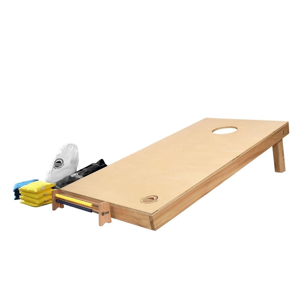 Side Angle Natural Wood Cornhole Set — NZ pine and birch plywood with throwing bags and abacus