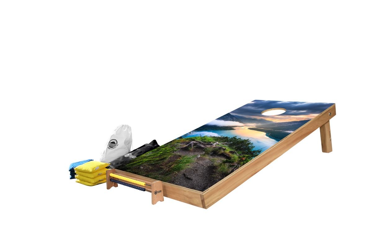 NZ Nature Design Cornhole Set — alpine landscape vinyl decal on NZ pine and birch plywood