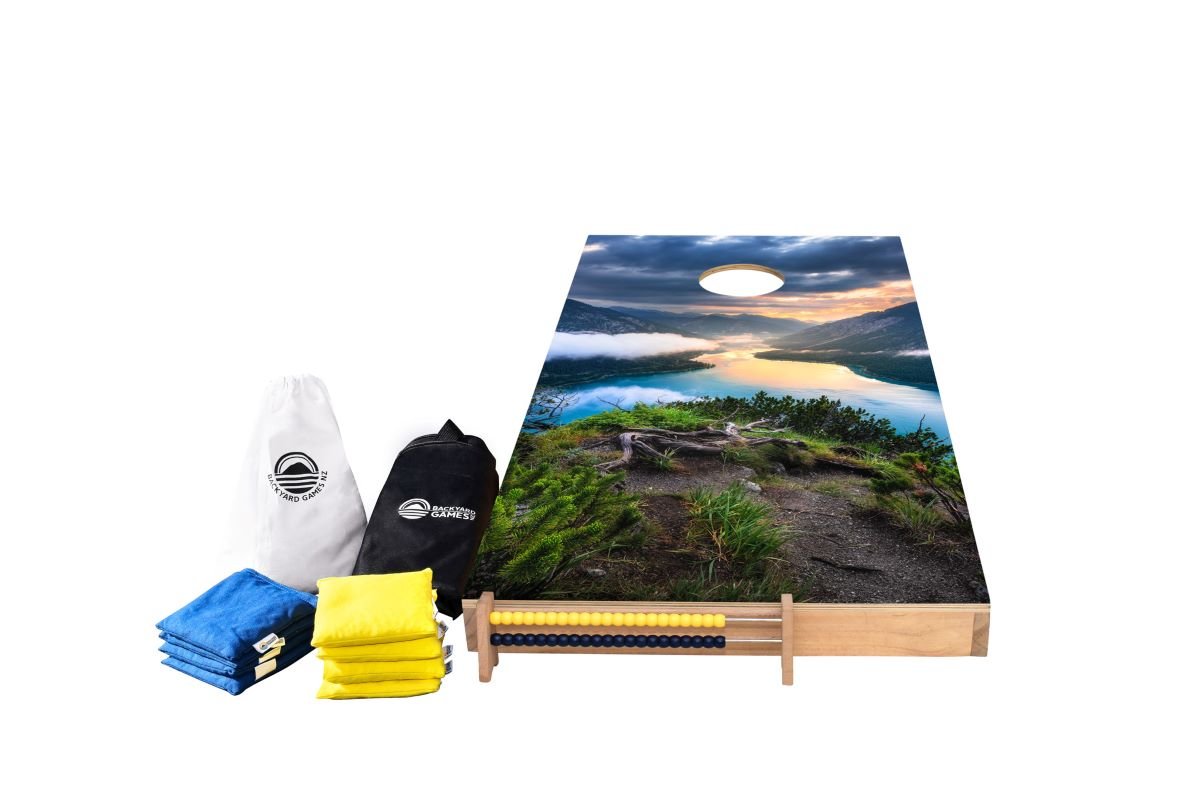 NZ Nature Design Cornhole Set — alpine landscape vinyl decal on NZ pine and birch plywood