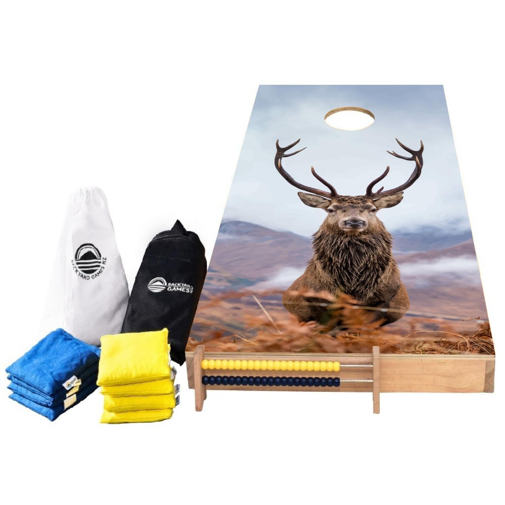 Stag Design Cornhole Set — stag and mountain backdrop vinyl decal on NZ pine and birch plywood