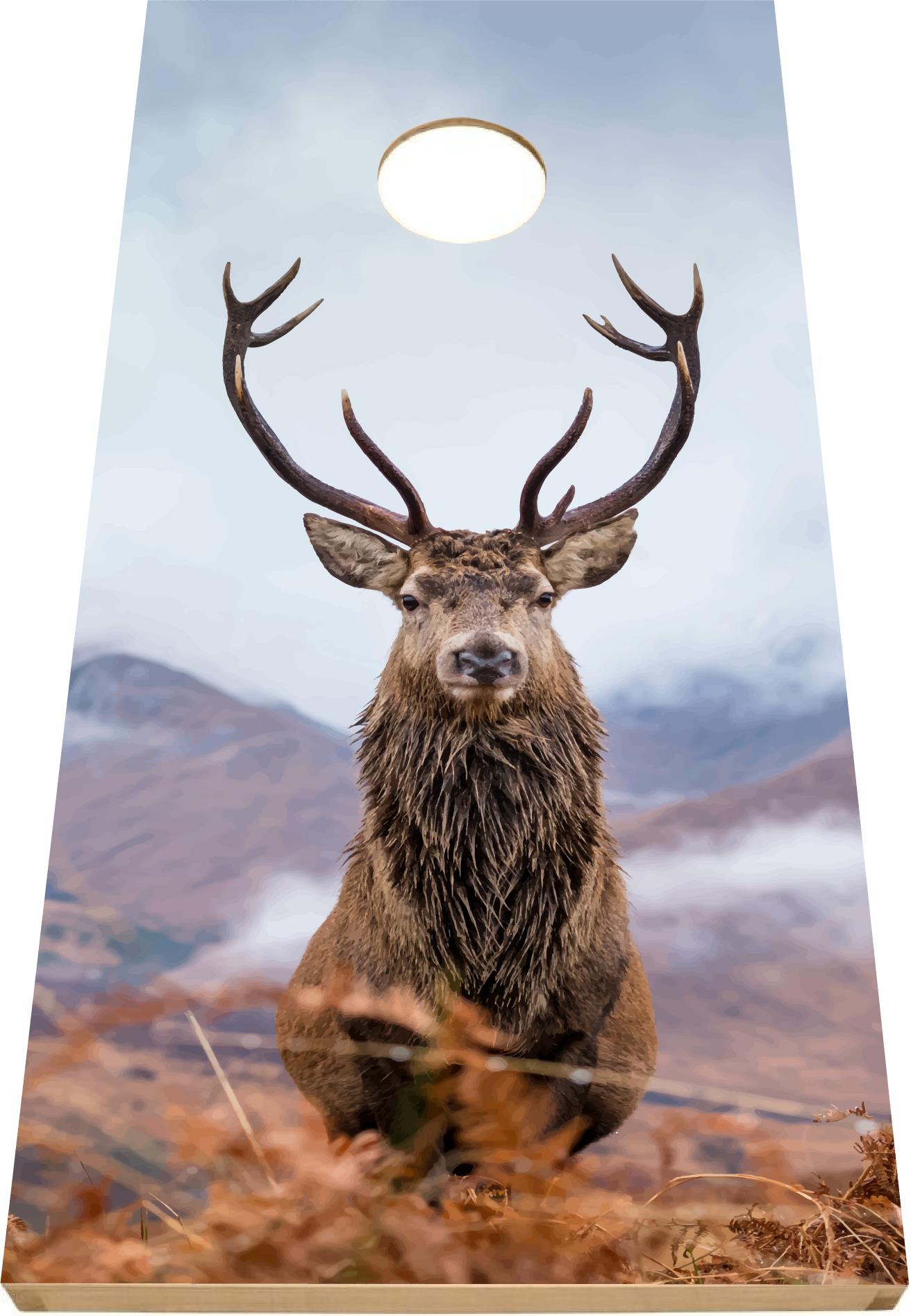 Stag Design Cornhole Board -  stag and mountain backdrop vinyl decal on NZ pine and birch plywood