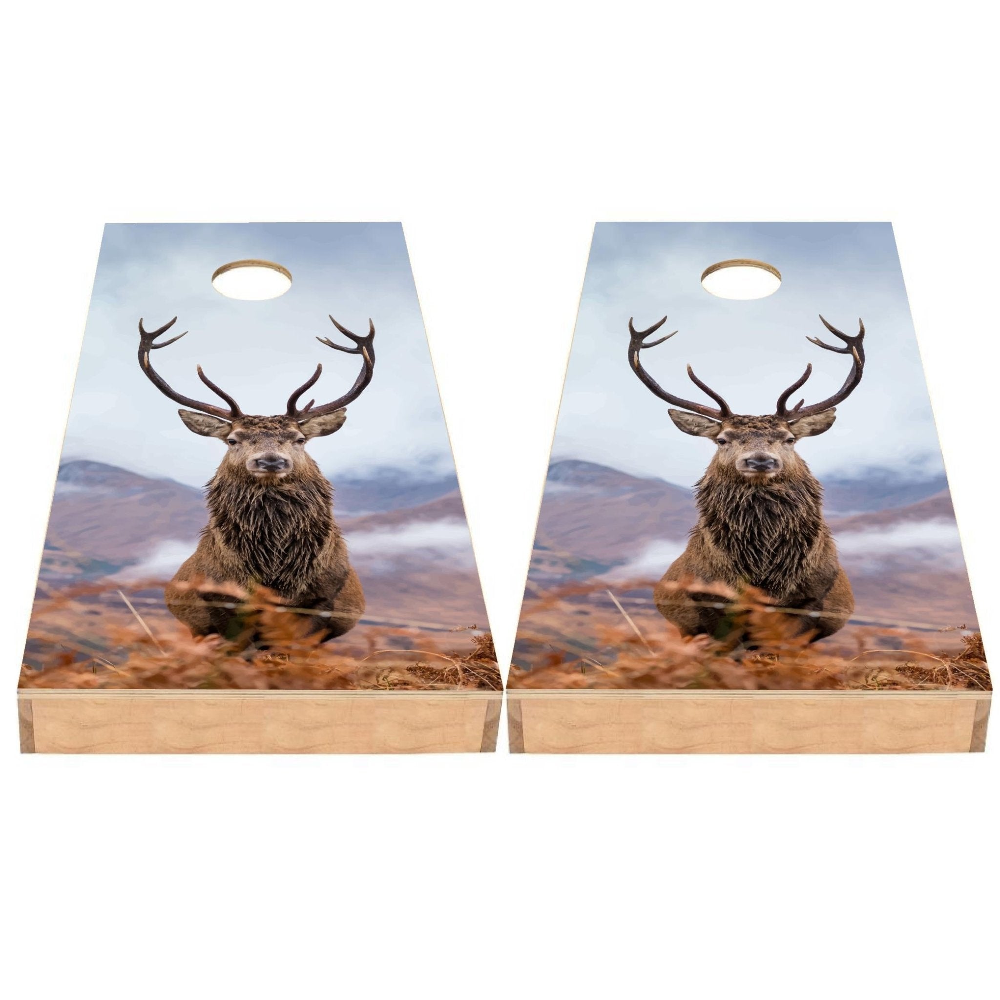 Two Stag Design Cornhole Boards -  stag and mountain backdrop vinyl decal on NZ pine and birch plywood