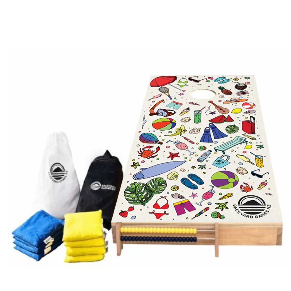 Summer Design Cornhole Set — colourful illustrated vinyl decal on wooden boards
