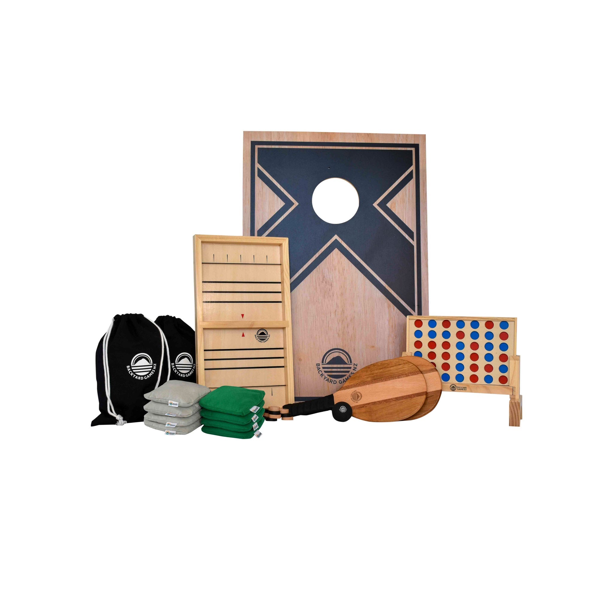 Travel outdoor games bundle NZ — Cornhole, Kubb, Connect Four and Sling Puck compact set