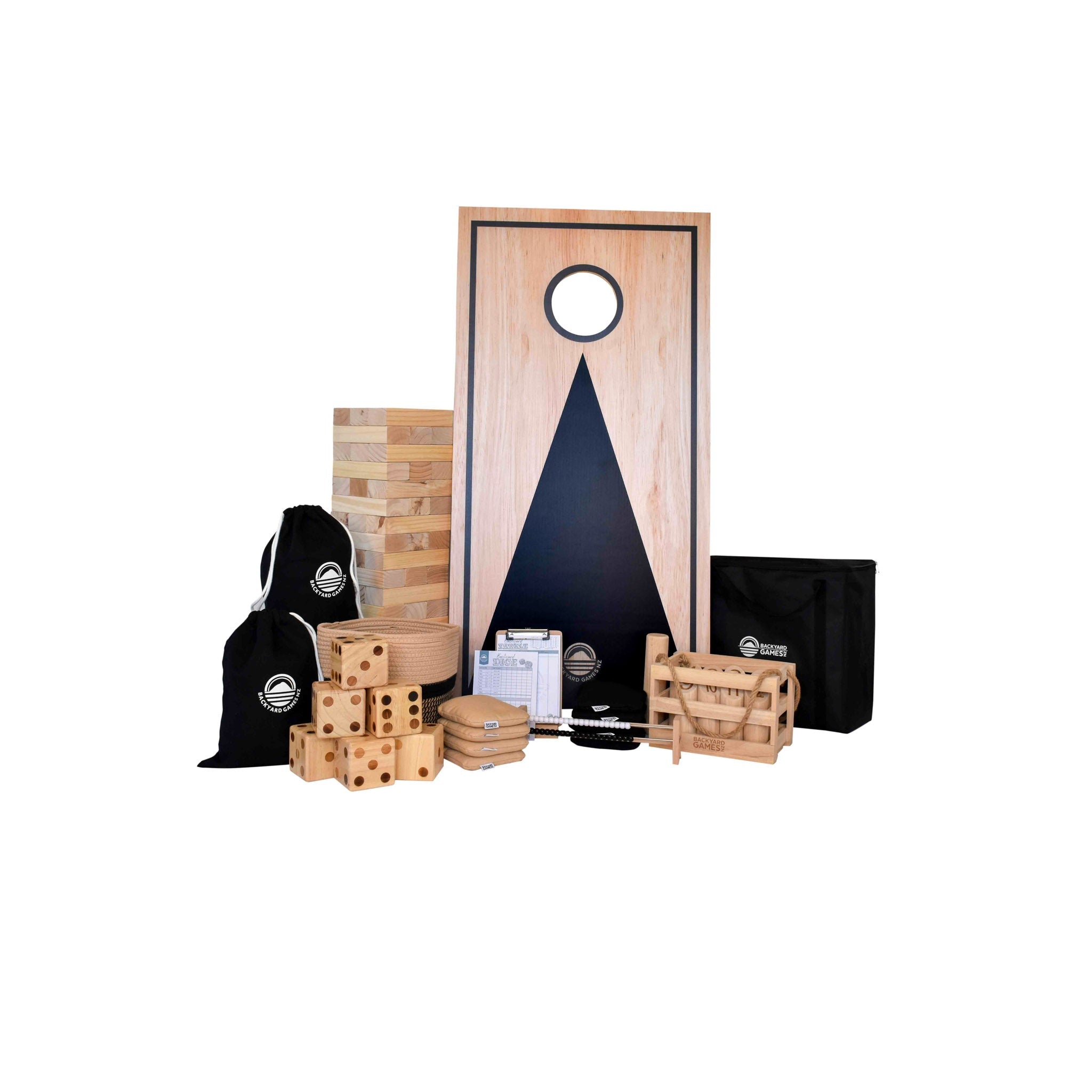 Ultimate outdoor games bundle NZ — Cornhole, Giant Tumbling Tower, Skittles and Dice set