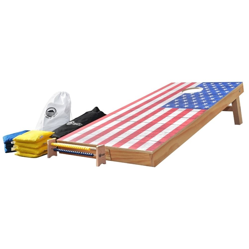 USA Flag Design Cornhole Set — stars-and-stripes vinyl decal on NZ pine and birch plywood