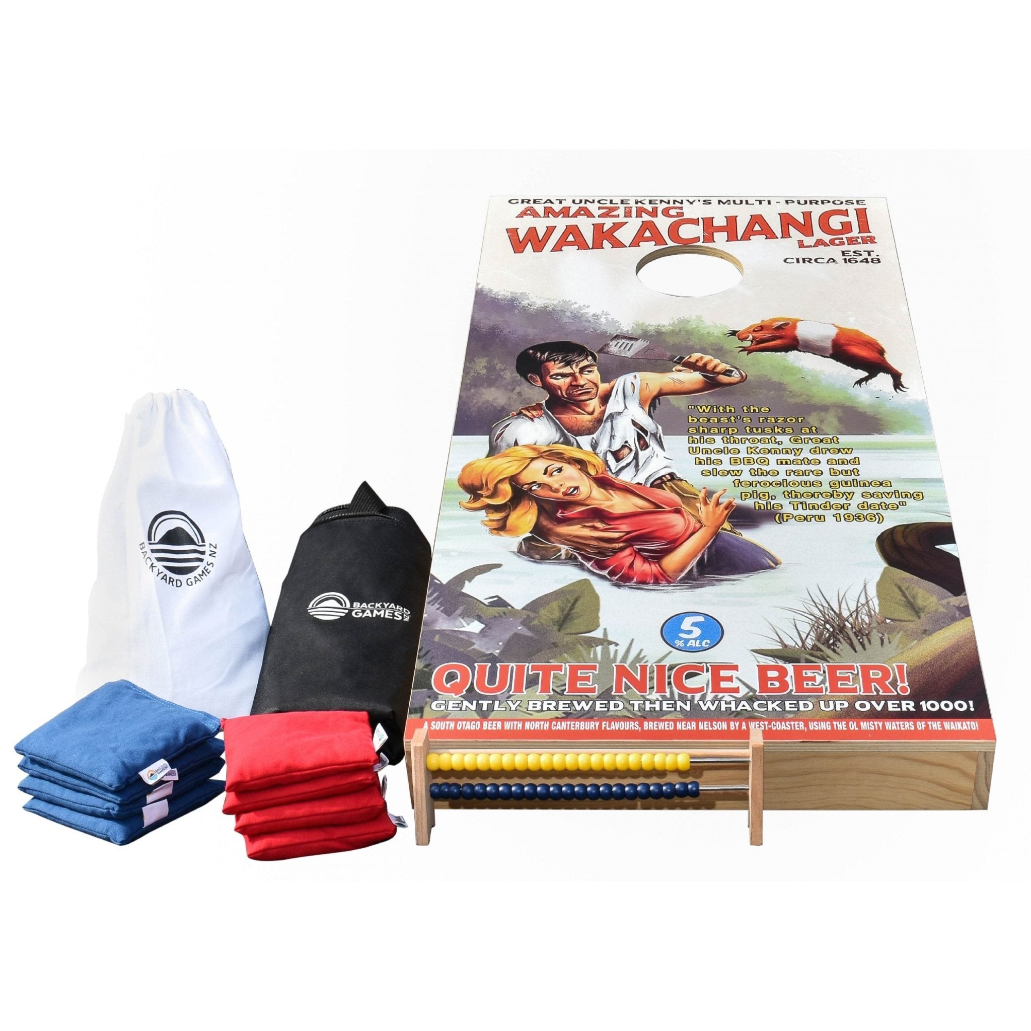 Wakachangi Design Cornhole Set — Kiwi vinyl decal on solid wooden boards