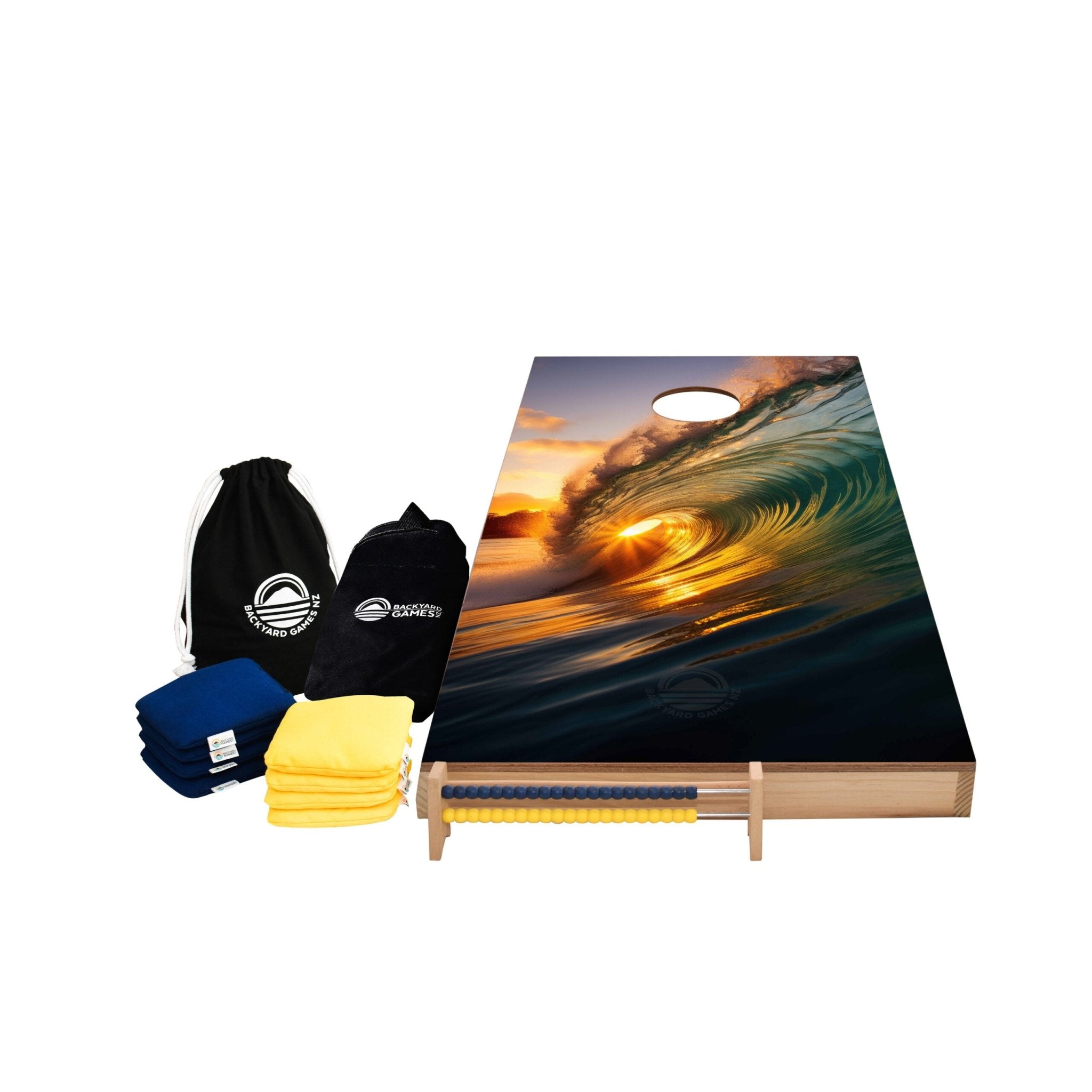 Wave Design Cornhole Set — ocean wave vinyl decal on NZ pine and birch plywood