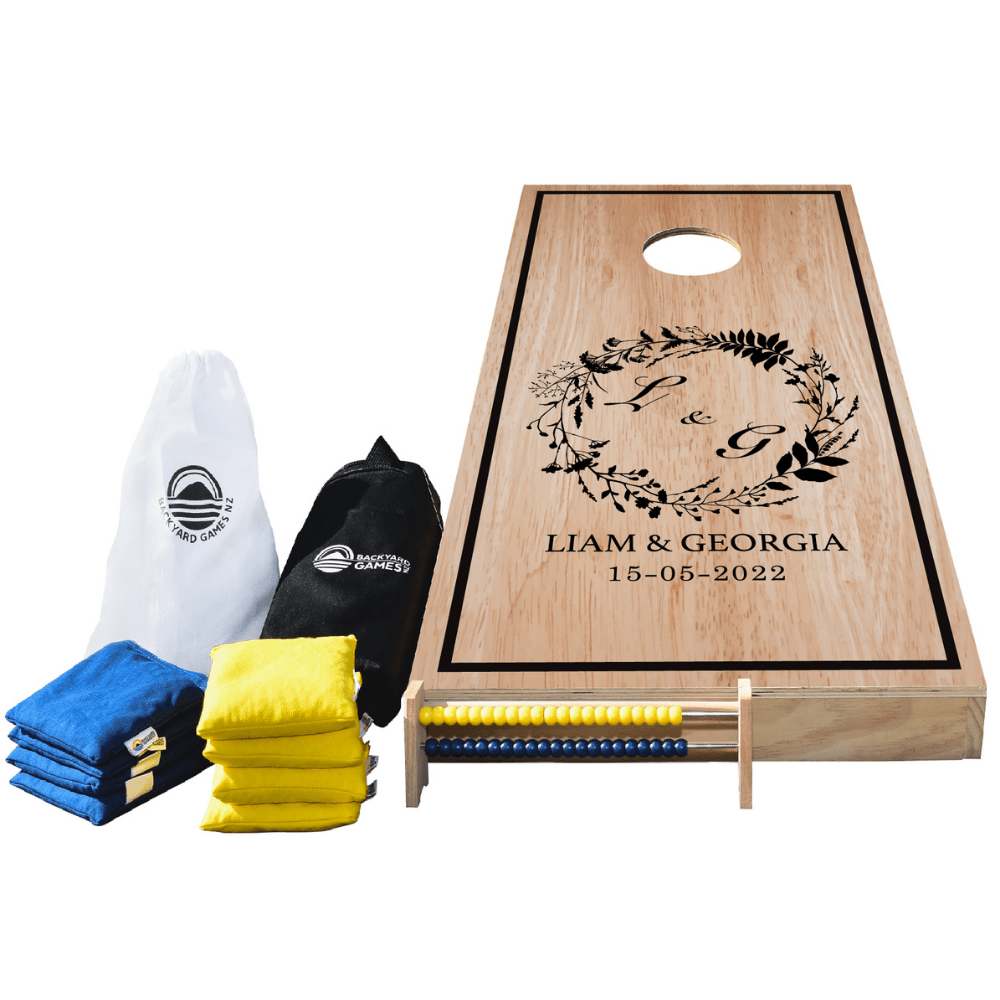 Wedding Design Cornhole Set NZ — personalised with names on premium wood boards