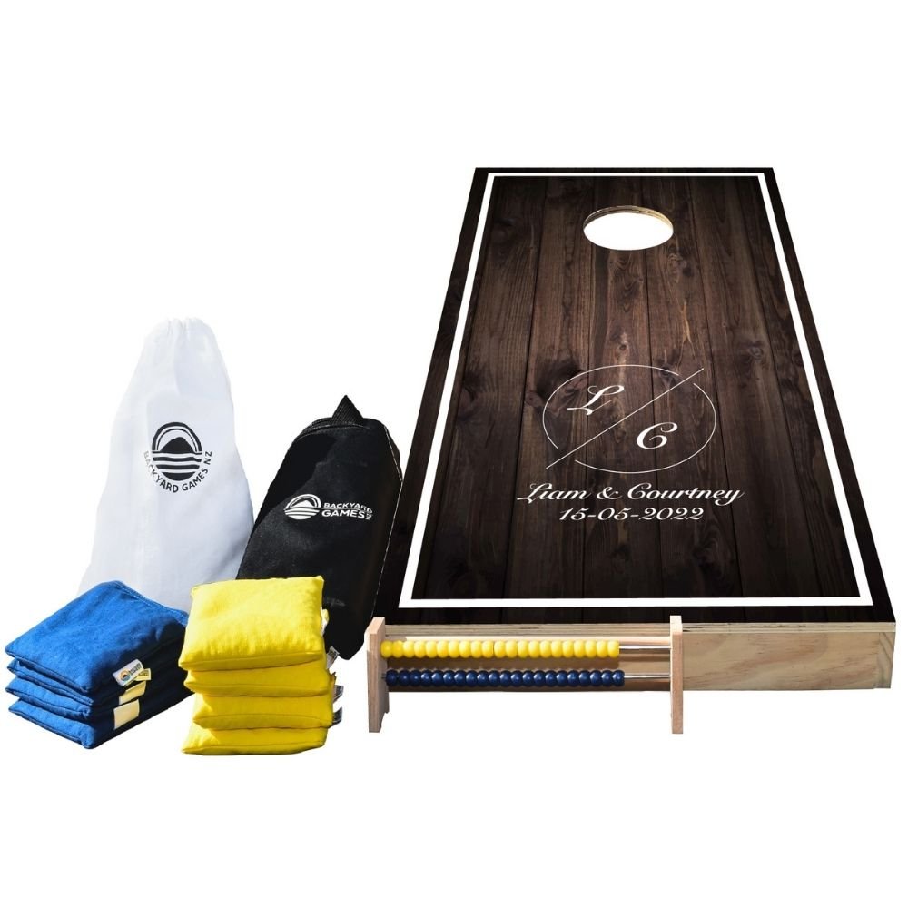 Wedding Design Cornhole Set NZ — personalised with names on premium wood boards